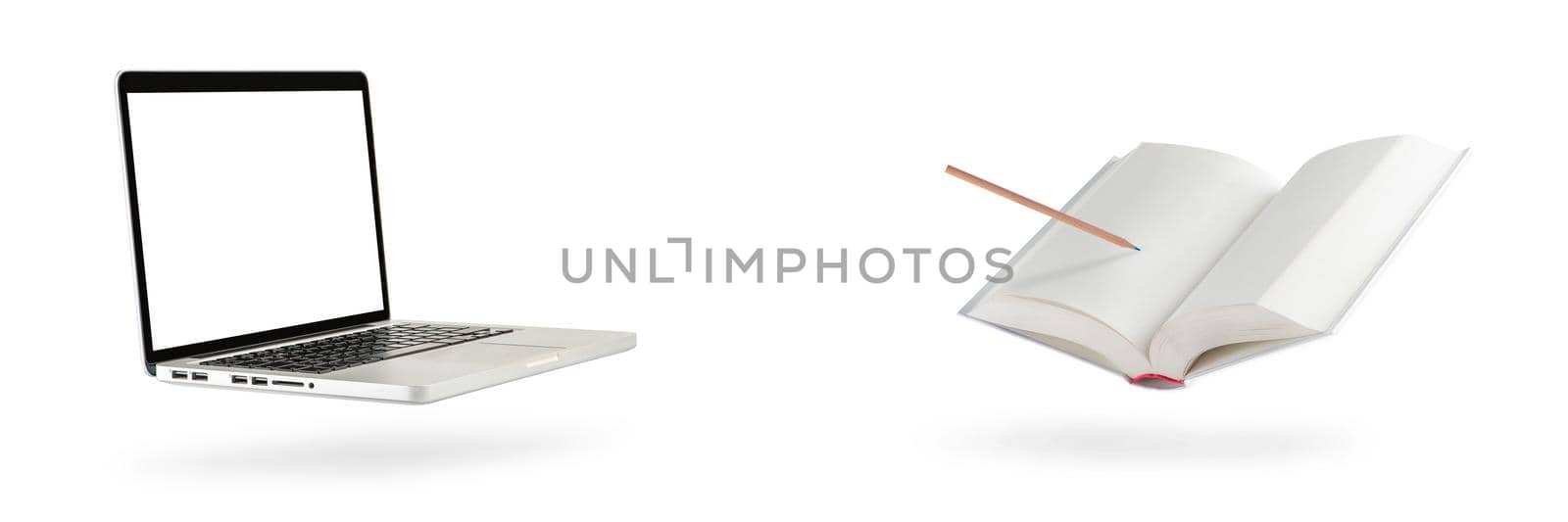 A laptop hovers in the air casting a shadow on a white isolated background. White screen for inserting copies. Set of notebook and blank books isolated on white background by SERSOL