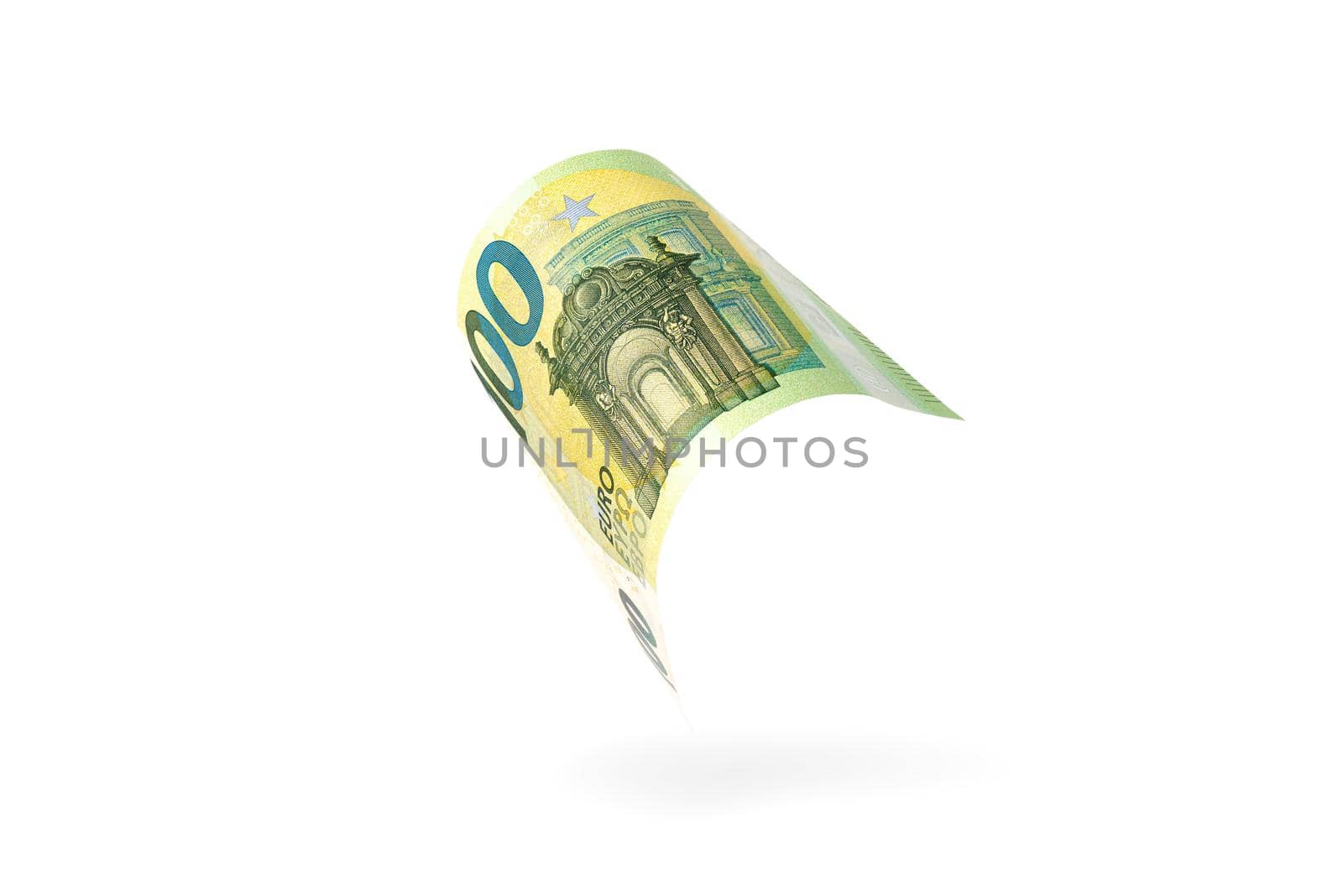 One hundred euro banknote isolated on white background. European money folded in half, close-up of money casts a shadow