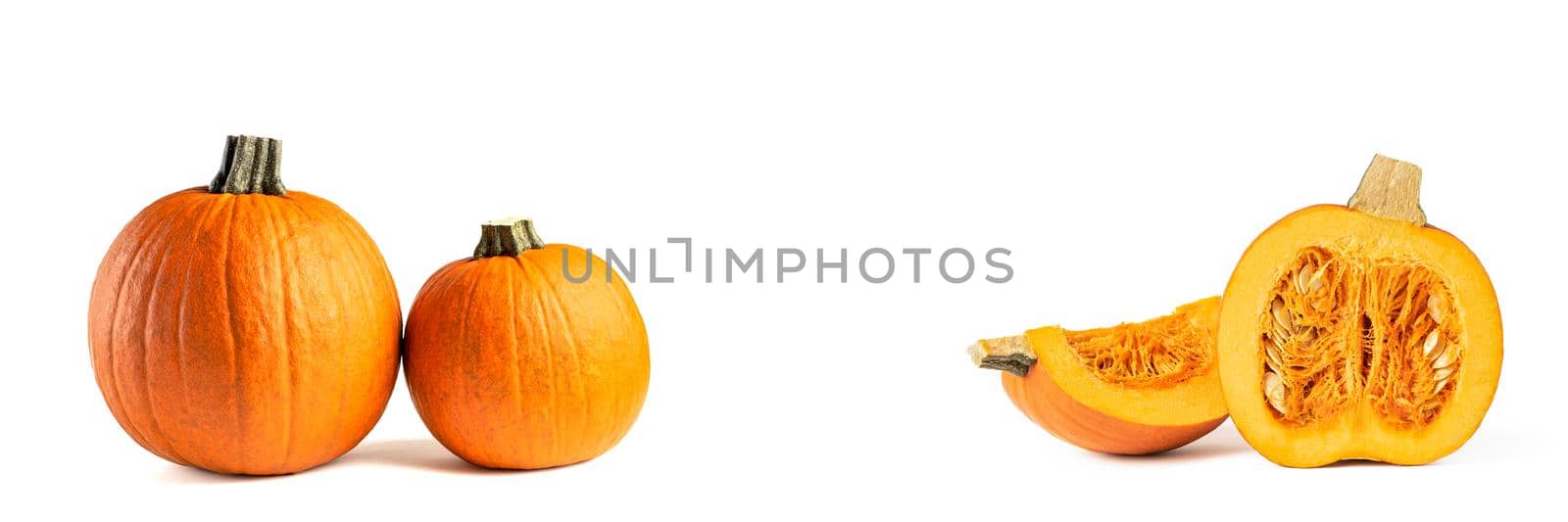 Pumpkin on a white background. Halloween theme. Highlight the pumpkin on white to insert into your project or design. Set of images, whole pumpkin and cut into pieces on white. Casts a shadow.