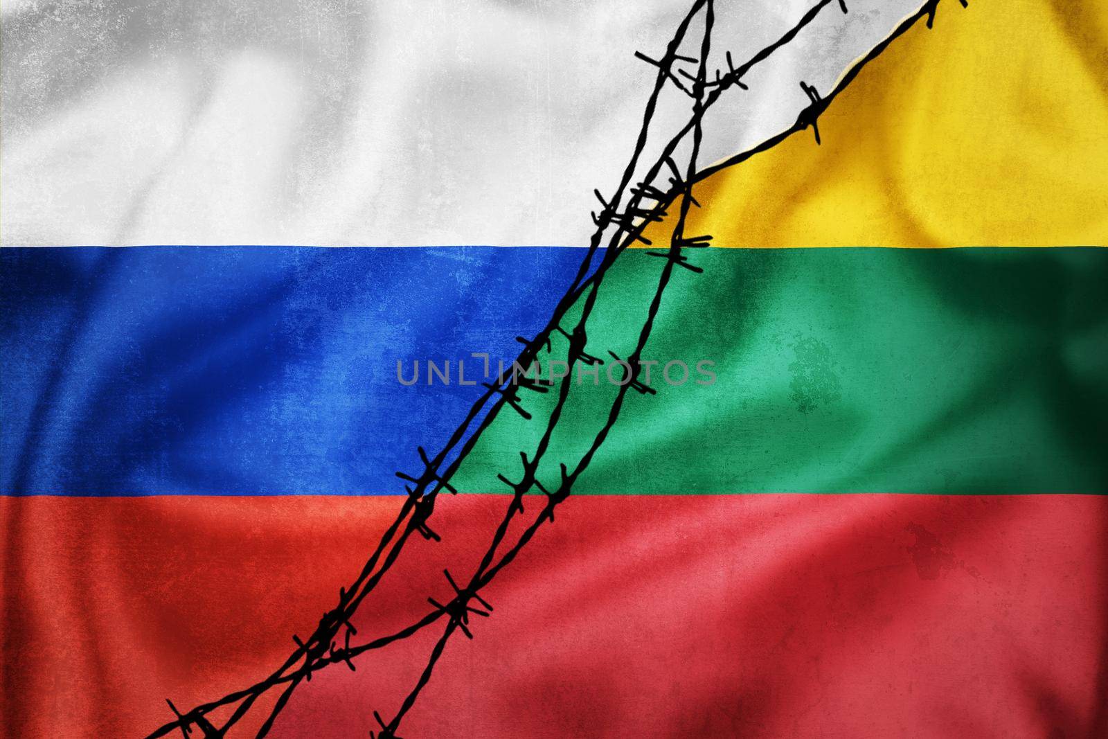 Grunge flags of Russian Federation and Lithuania divided by barb wire illustration, concept of tense relations between west and Russia