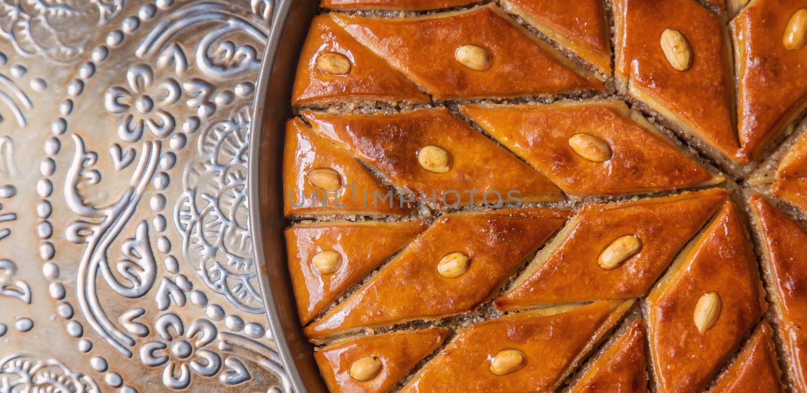 Oriental sweet baklava with nuts. Selective focus. Food.