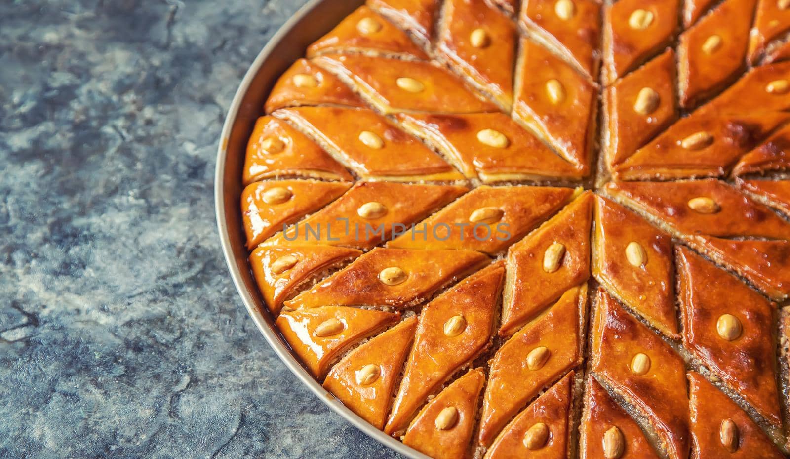 Oriental sweet baklava with nuts. Selective focus. Food.