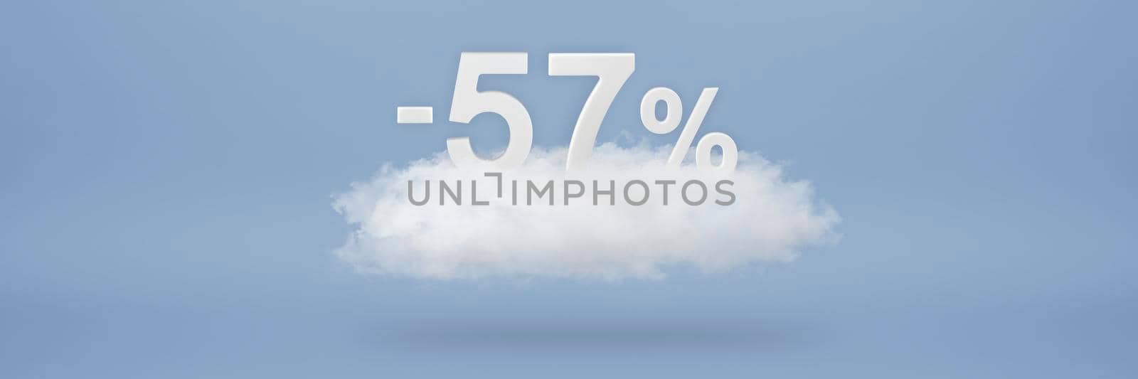 Discount 57 percent. Big discounts, sale up to fifty seven percent. 3D numbers float on a cloud on a blue background. Copy space. Advertising banner and poster to be inserted into the project by SERSOL