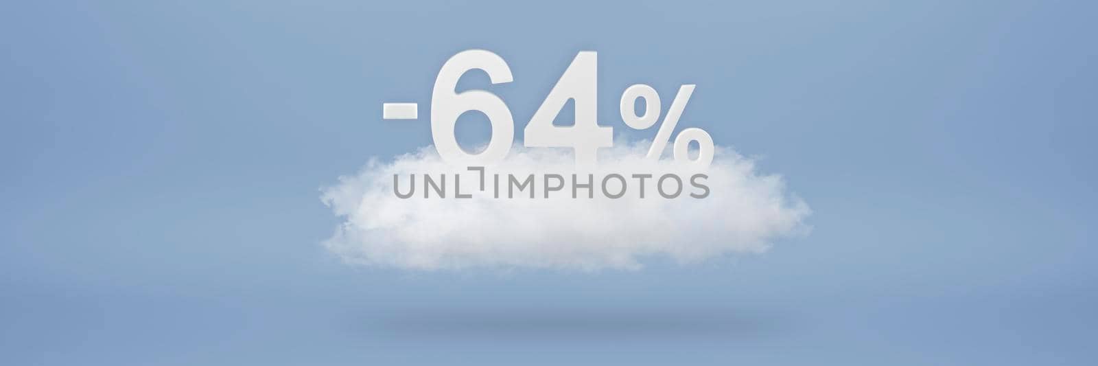 Discount 64 percent. Big discounts, sale up to sixty four percent. 3D numbers float on a cloud on a blue background. Copy space. Advertising banner and poster to be inserted into the project.