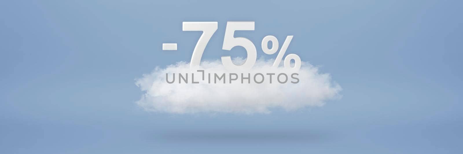 Discount 75 percent. Big discounts, sale up to seventy five percent. 3D numbers float on a cloud on a blue background. Copy space. Advertising banner and poster to be inserted into the project by SERSOL