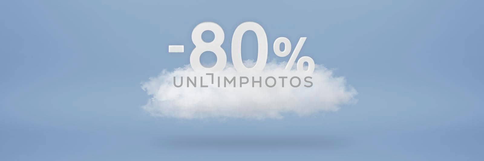 Discount 80 percent. Big discounts, sale up to eighty percent. 3D numbers float on a cloud on a blue background. Copy space. Advertising banner and poster to be inserted into the project by SERSOL