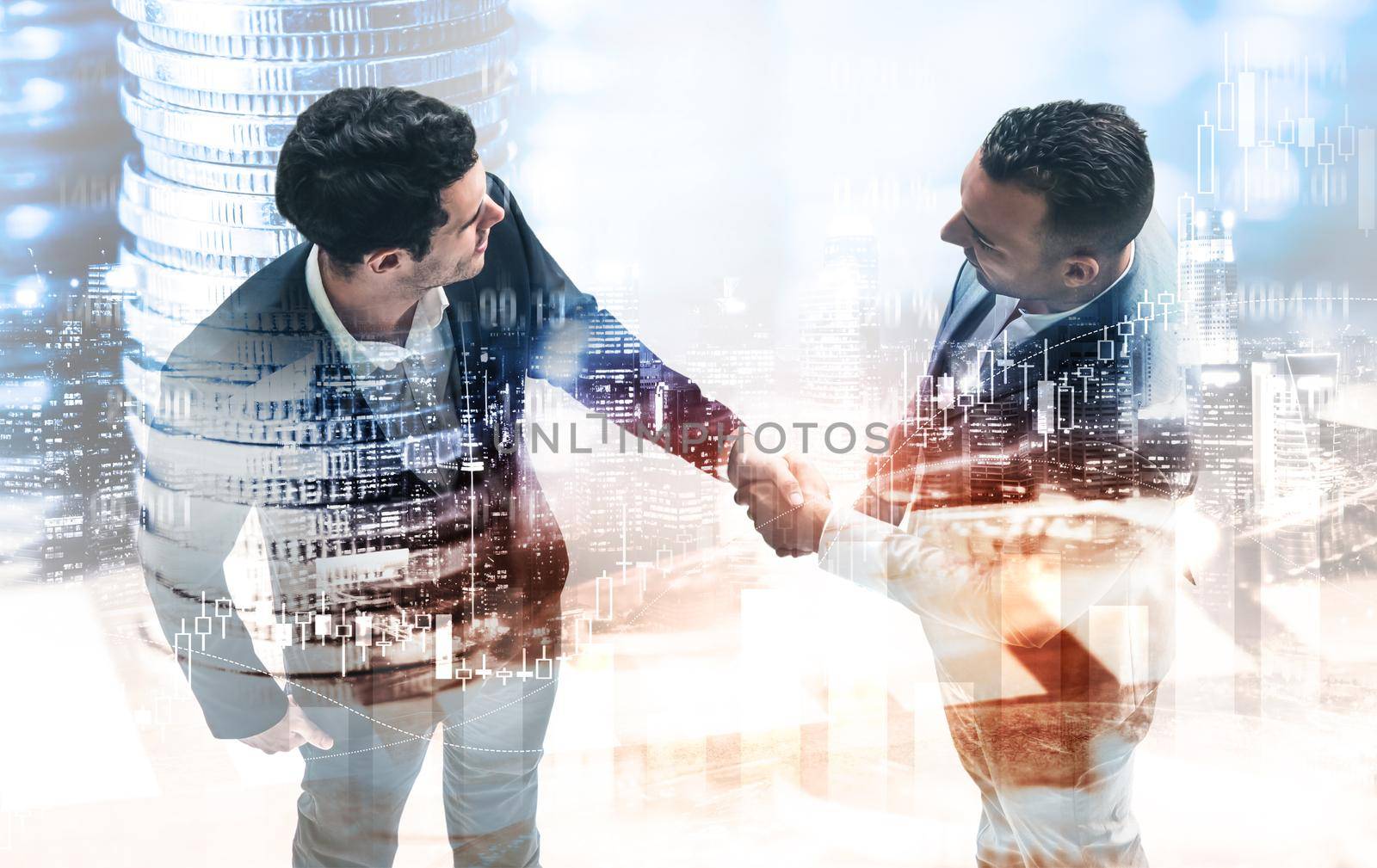 Business handshake on finance prosperity and money technology asset background by biancoblue