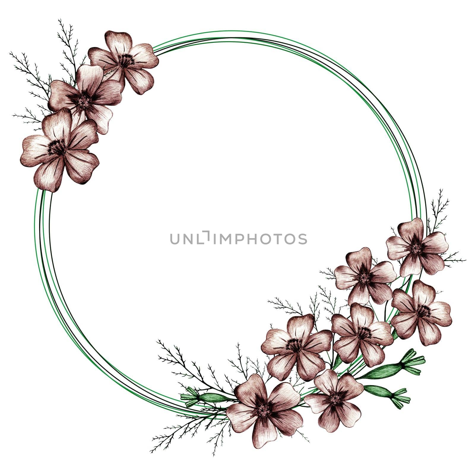 Cute Wreath with Flowers, Leaves and Branches Drawn by Colored Pencils. Hand Drawn Circle Frame for Your Text on White Background.