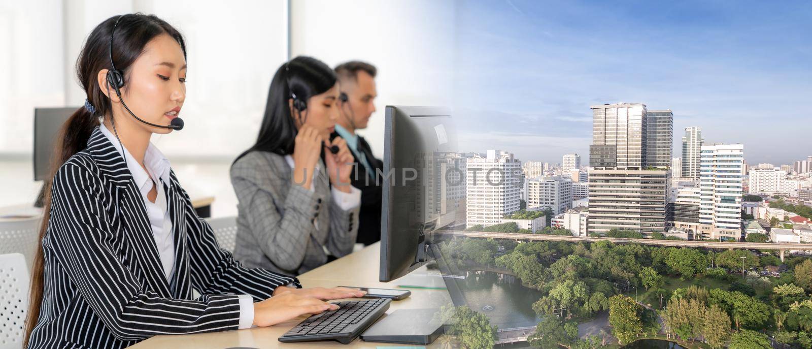 Business people wearing headset working in office to support remote customer or colleague. Call center, telemarketing, customer support agent provide service in broaden view .