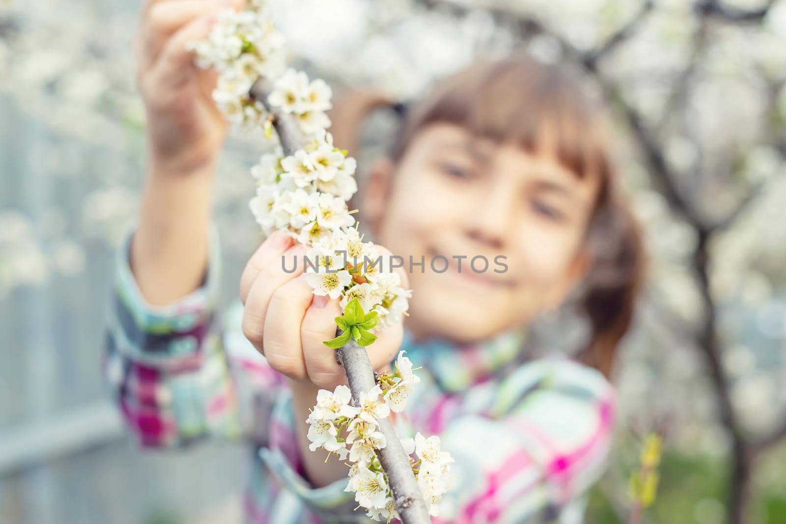 A child in the garden of flowering trees. Selective focus. by yanadjana