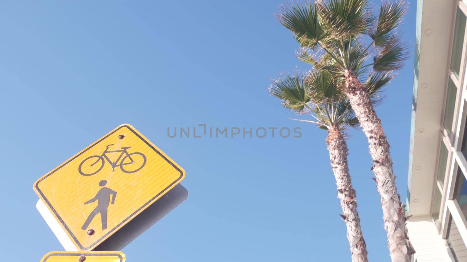 Pedestrian bike crossing yellow road sign, California USA. Ped and bicycle xing. by DogoraSun