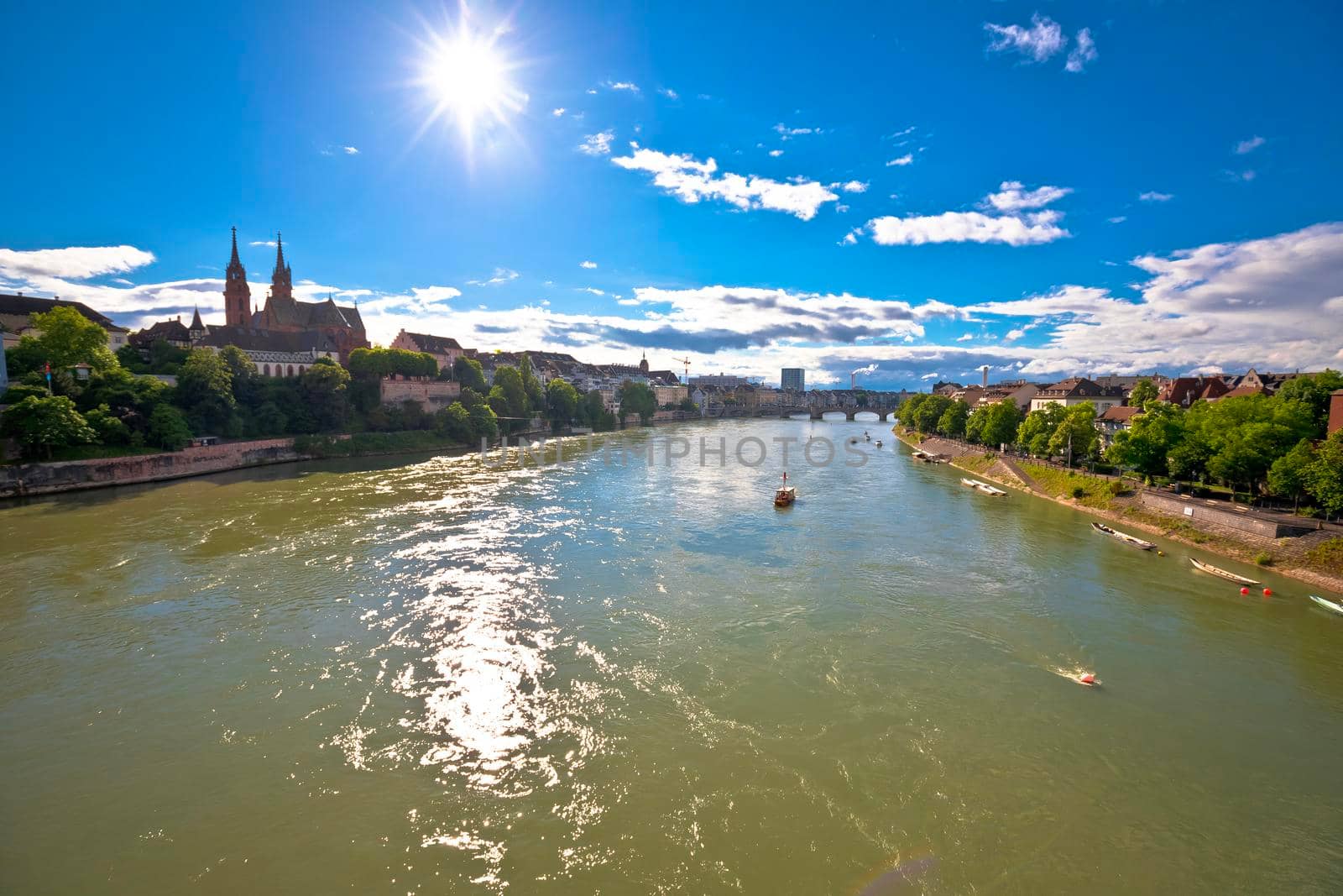 Rhine river in Basel view from the bridge, northwestern Switzerland