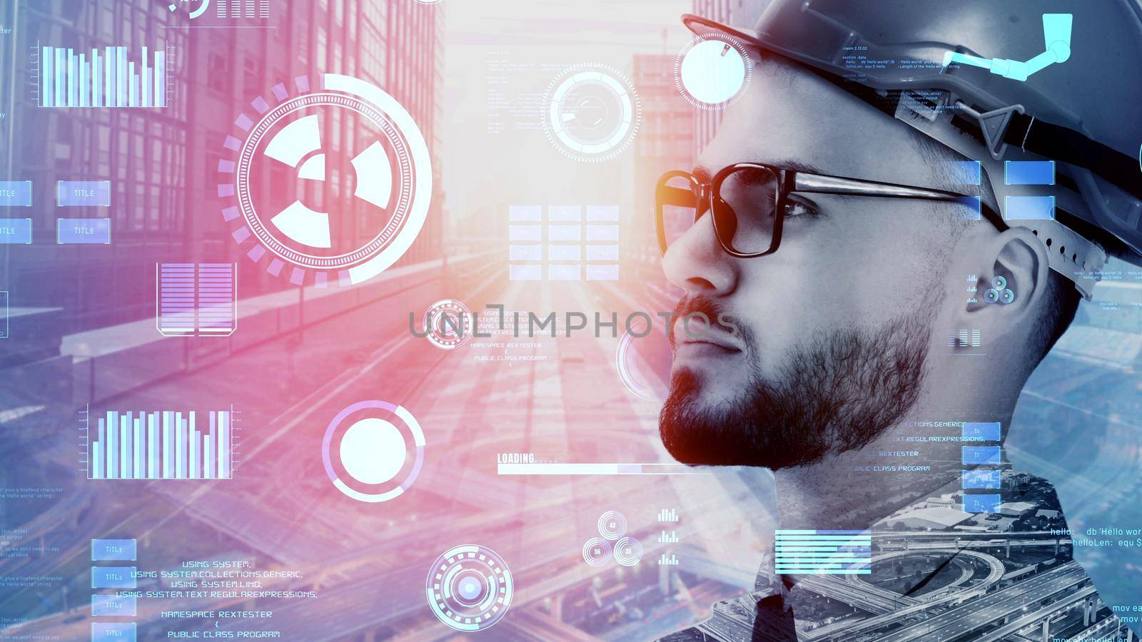 Future building construction and inventive engineering project concept with HUD hologram graphic design. Building engineer, architect people or construction worker works with modern civil technology.