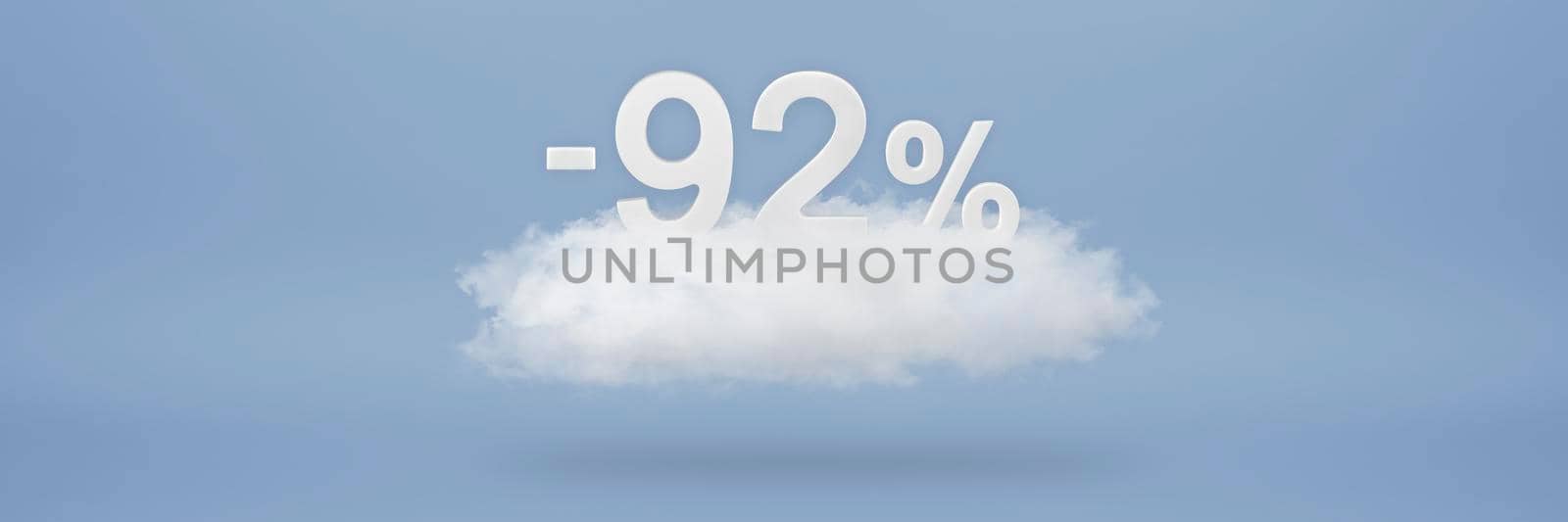 Discount 92 percent. Big discounts, sale up to ninety two percent. 3D numbers float on a cloud on a blue background. Copy space. Advertising banner and poster to be inserted into the project by SERSOL