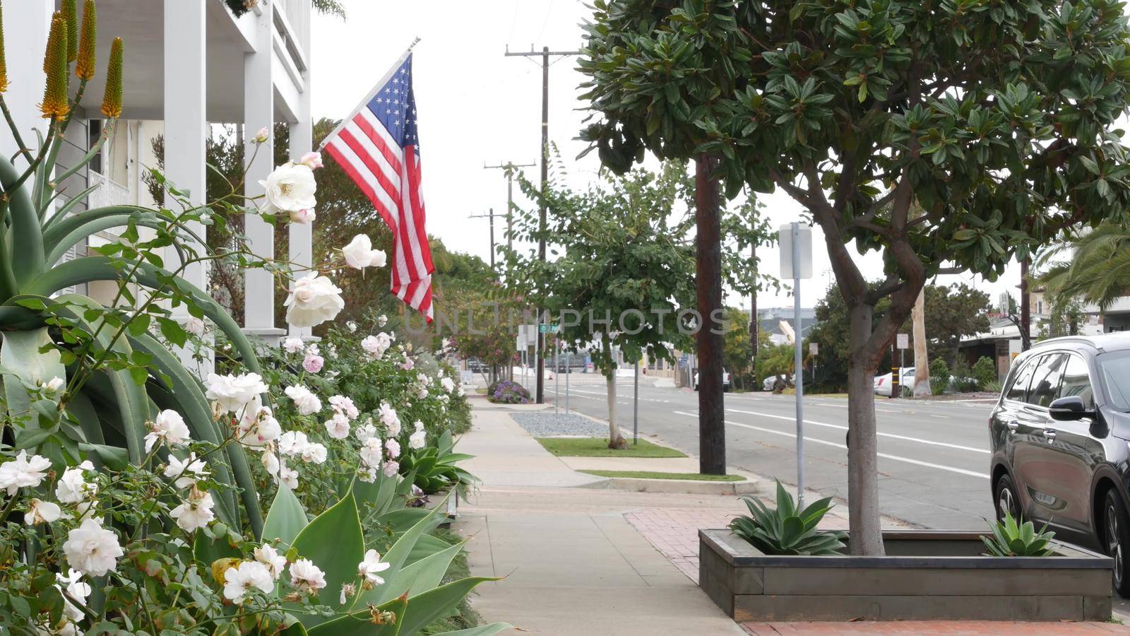 American flag waving, suburban house facade residential district, California USA by DogoraSun