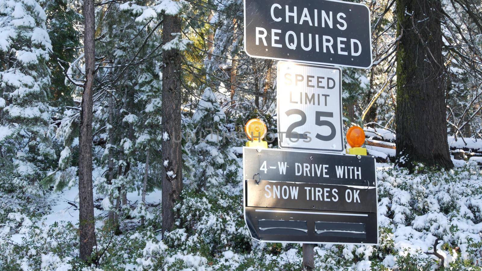 Chains or snow tires required road sign, Yosemite winter forest, California USA. by DogoraSun