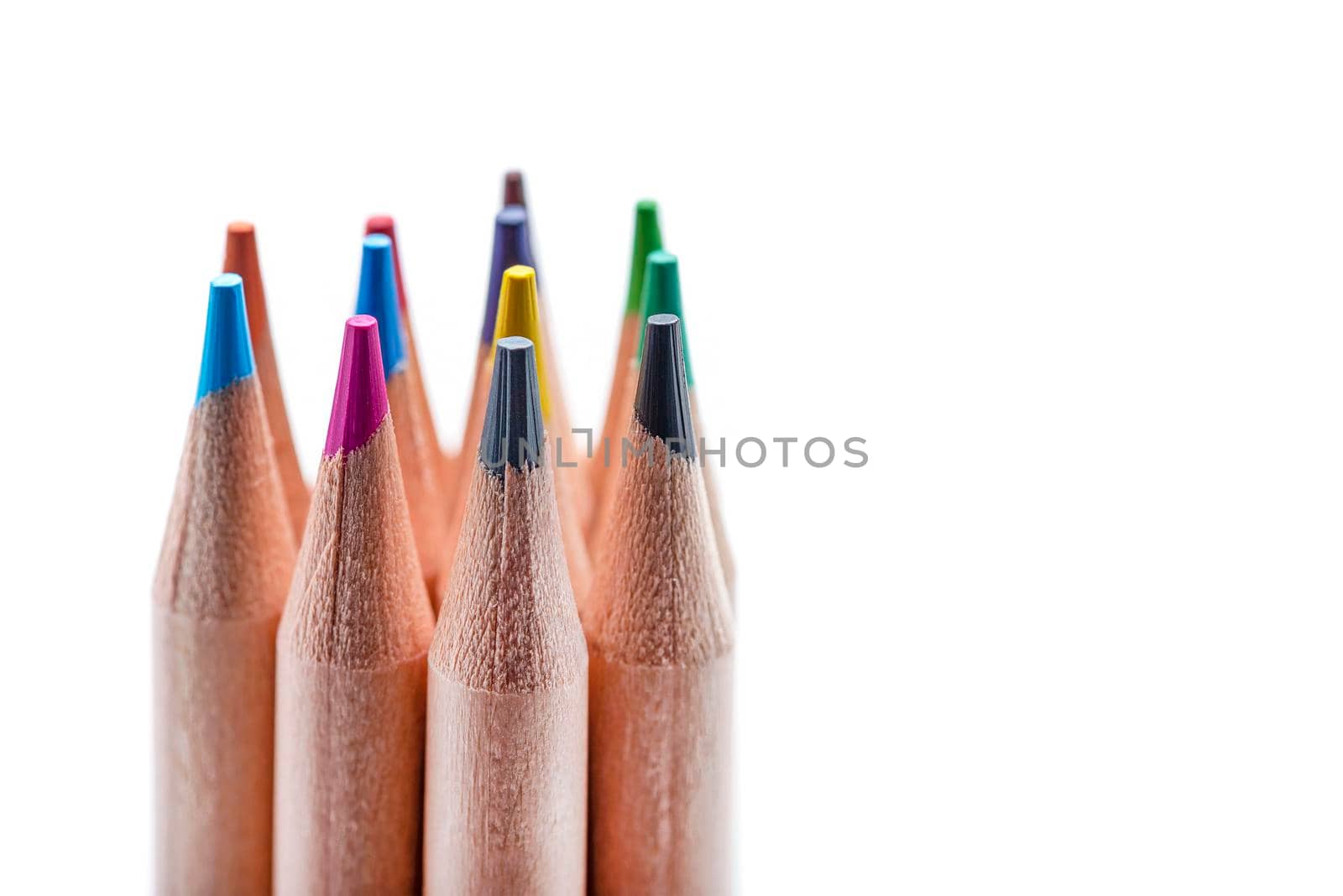 Isolate of multicolored wooden pencils. Pencils of different colors stand out against a uniform white background, for insertion into a project or for printing a banner or label