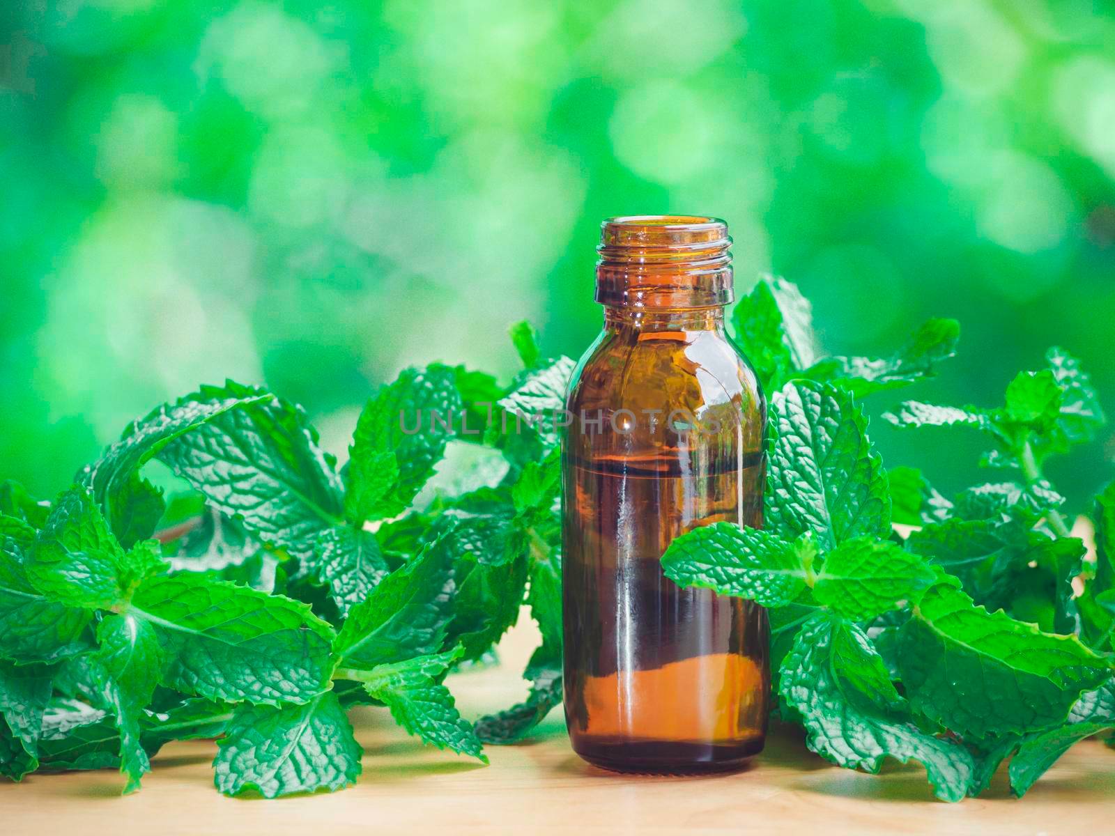 The peppermint extract in small bottle near peppermint leaf on wooden table. The essential oil falling from glass dropper into organic bio alternative medicine, brown bottle.