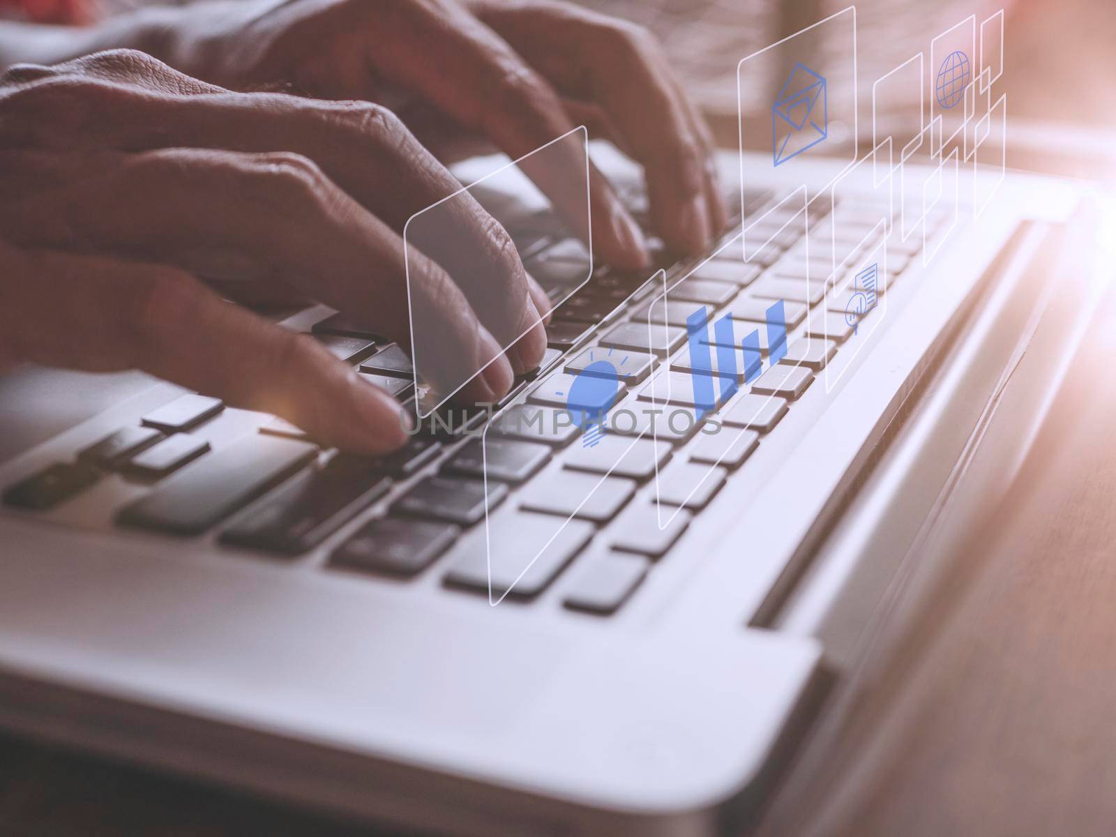 Hands man useing laptop computer with E-commerce technology icons on virtual screen. Business global, social media marketing concept. 