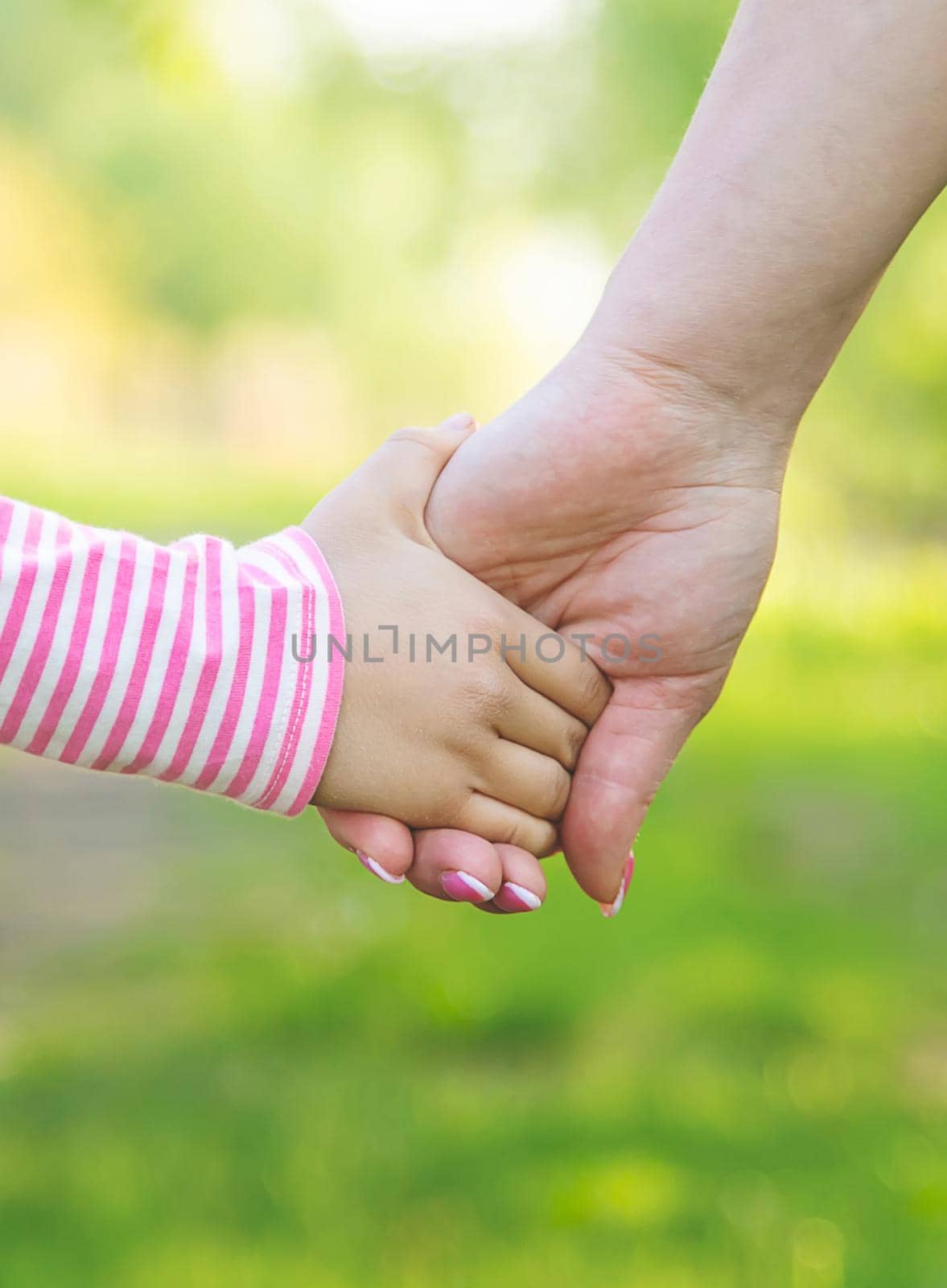 A child with his mother goes by the hand. Selective focus. nature.