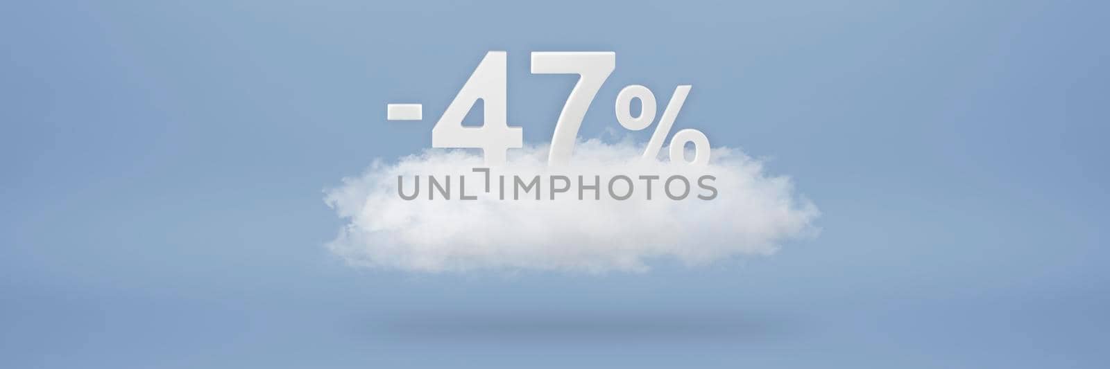 Discount 47 percent. Big discounts, sale up to forty seven percent. 3D numbers float on a cloud on a blue background. Copy space. Advertising banner and poster to be inserted into the project.