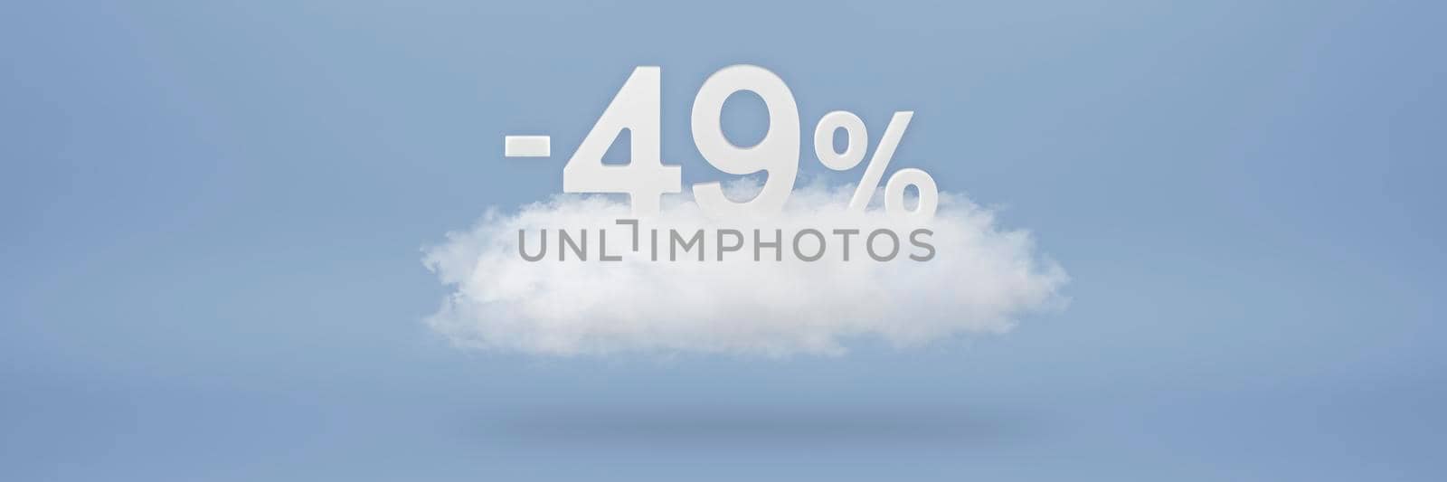 Discount 49 percent. Big discounts, sale up to forty nine percent. 3D numbers float on a cloud on a blue background. Copy space. Advertising banner and poster to be inserted into the project.