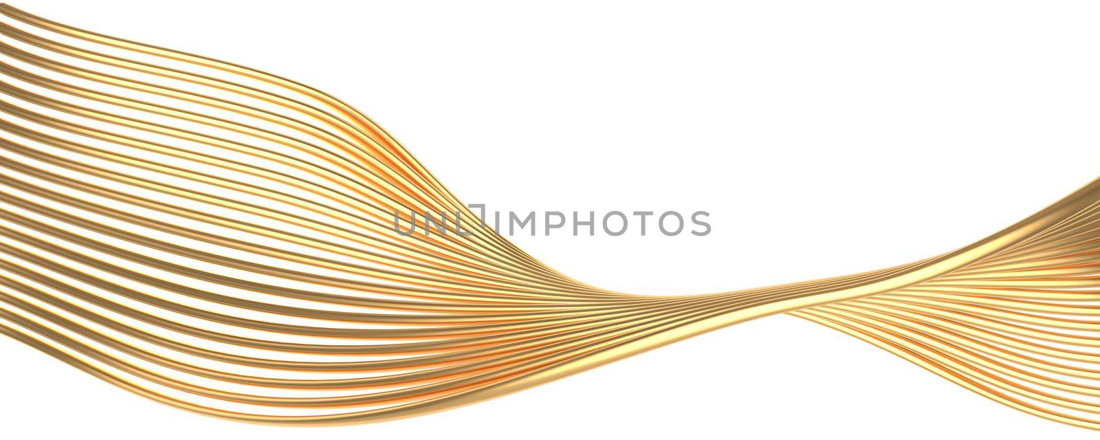 Golden wires abstract wave 3D rendering illustration isolated on white background
