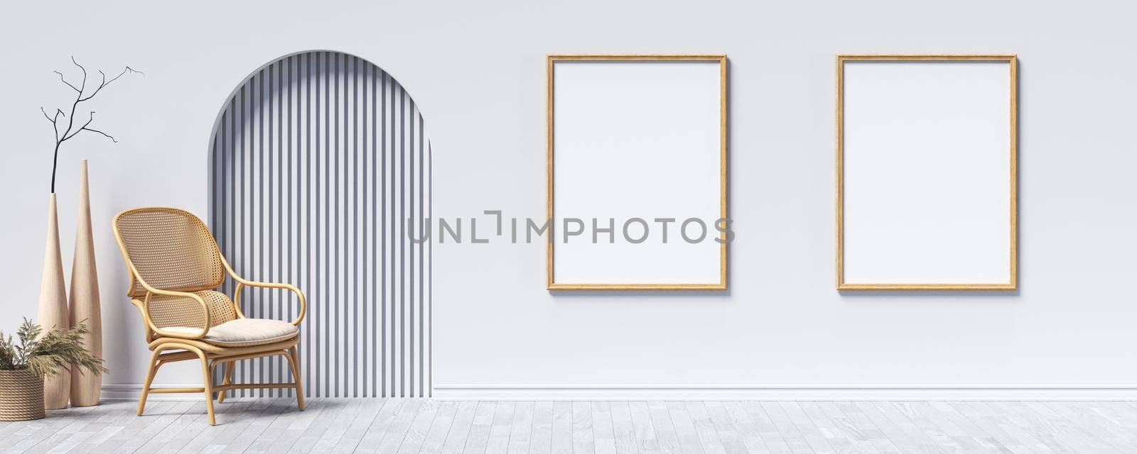 Two mock up poster frames with elegant vases in modern interior background 3D render 3D illustration