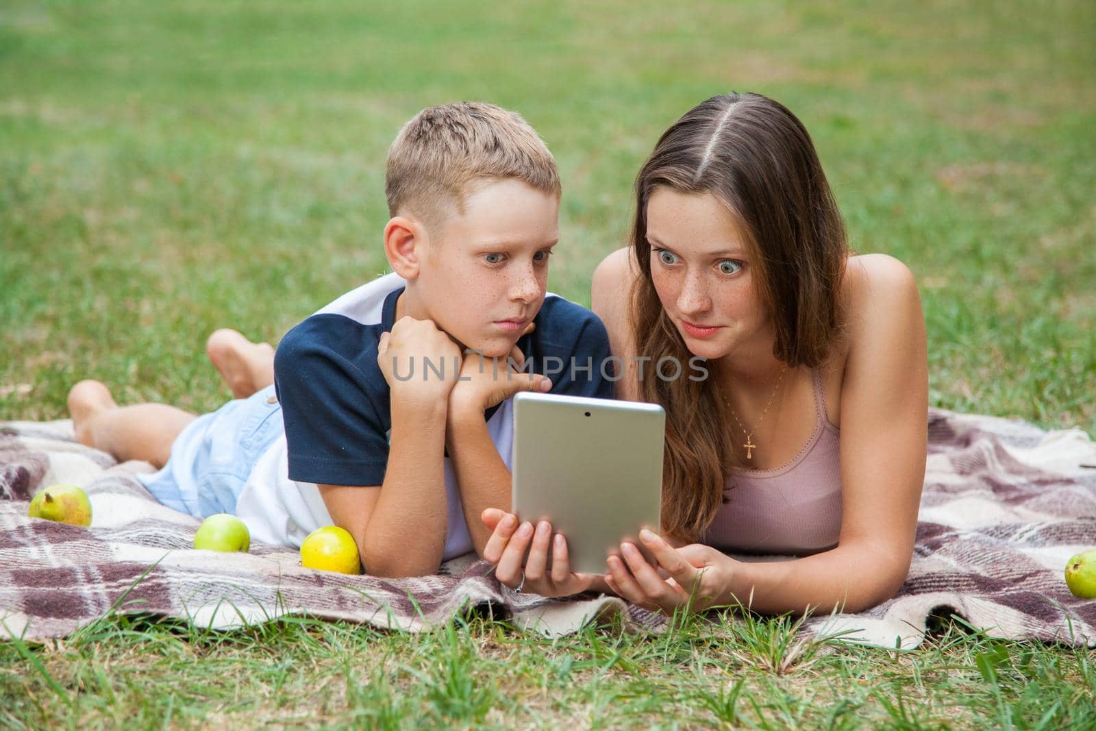 Young sister and brother with freckles on their faces lying down on plaid and using tablet in park. looking at tablet display, top view. surprised.