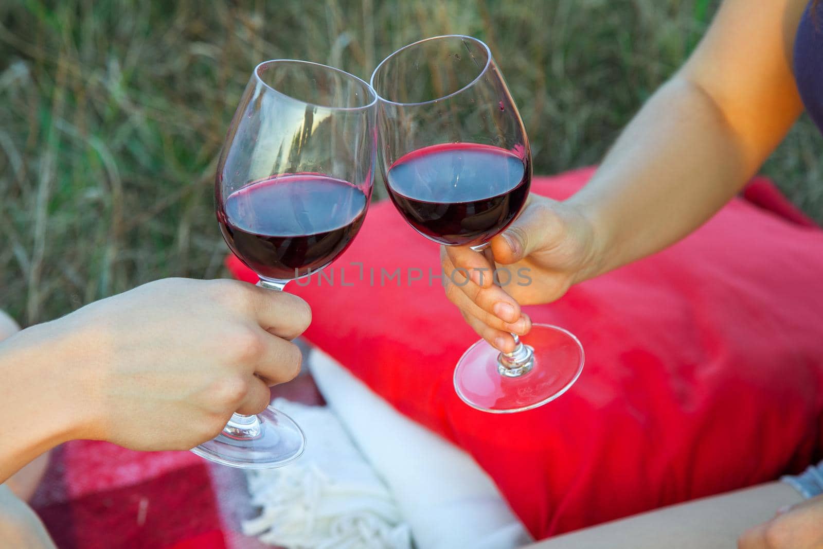 Beautiful young happy loving couple on picnic lying down on plaid in field on sunny summer day enjoying, holding wine and resting. looking at camera and smiling.