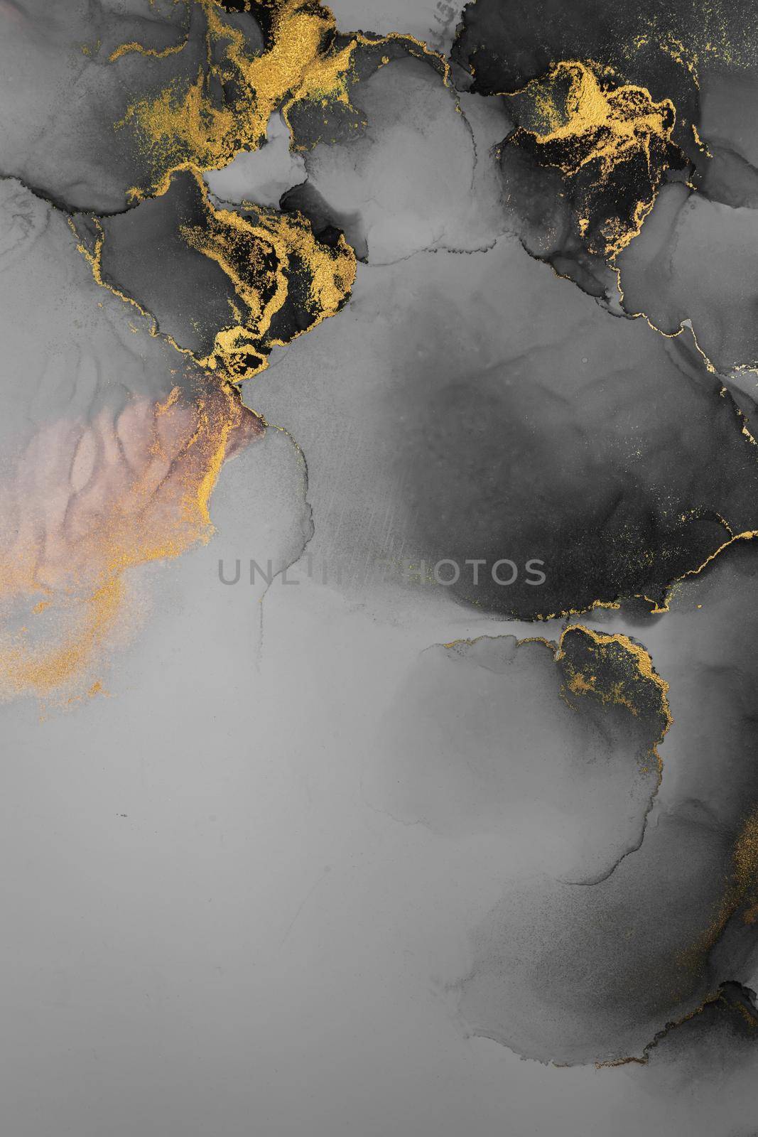 Dark gold abstract background of marble liquid ink art painting on paper . by biancoblue