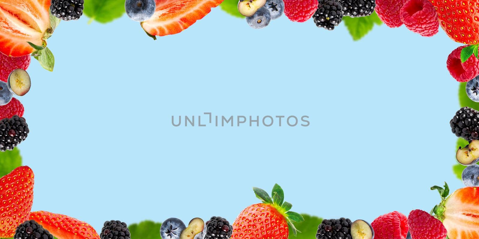 Berries Frame on white Background. Strawberry, Blueberry, Raspberries, and Blackberry. by PhotoTime