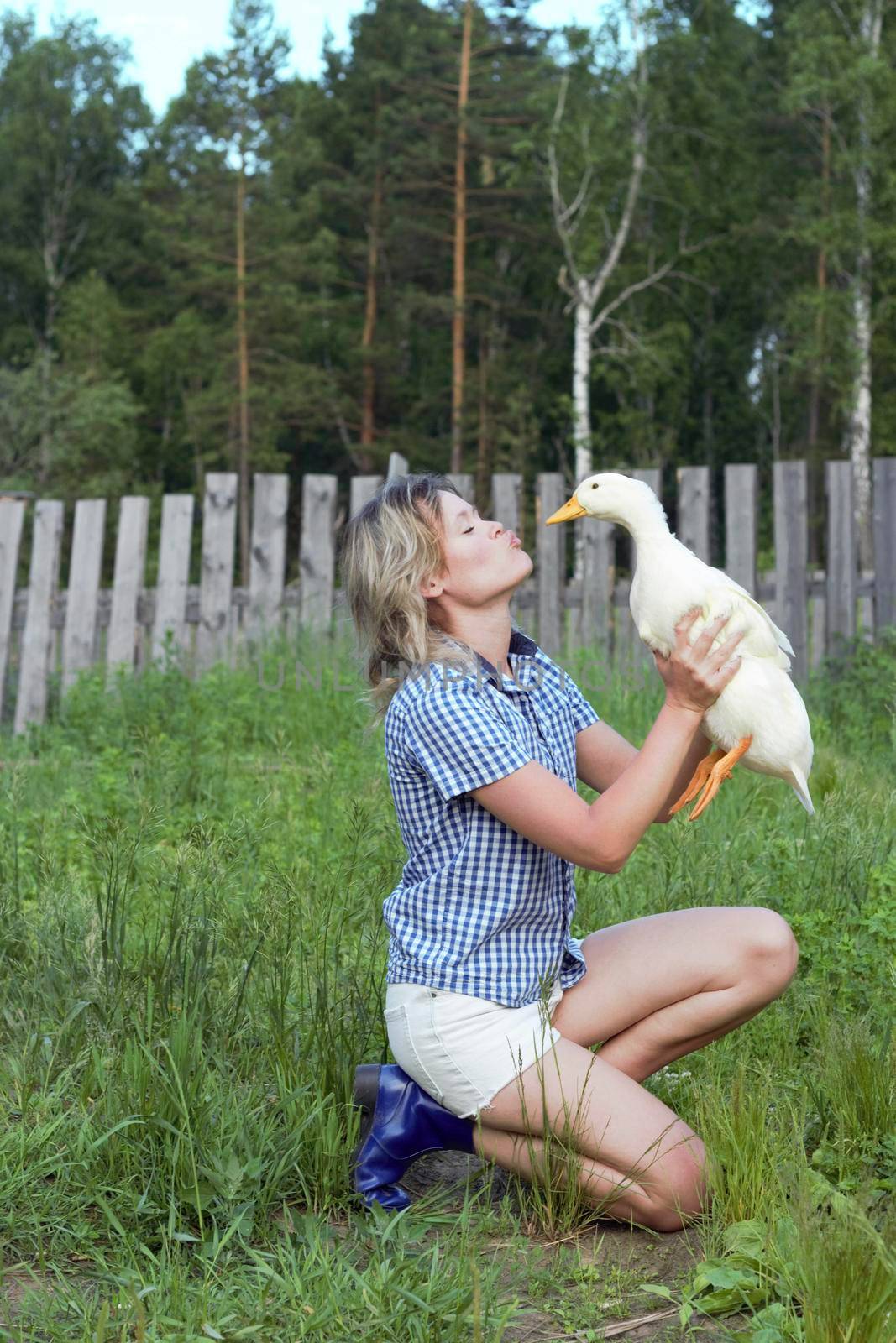 A young woman is holding a white duck in the village on green grass. Farm domestic animals