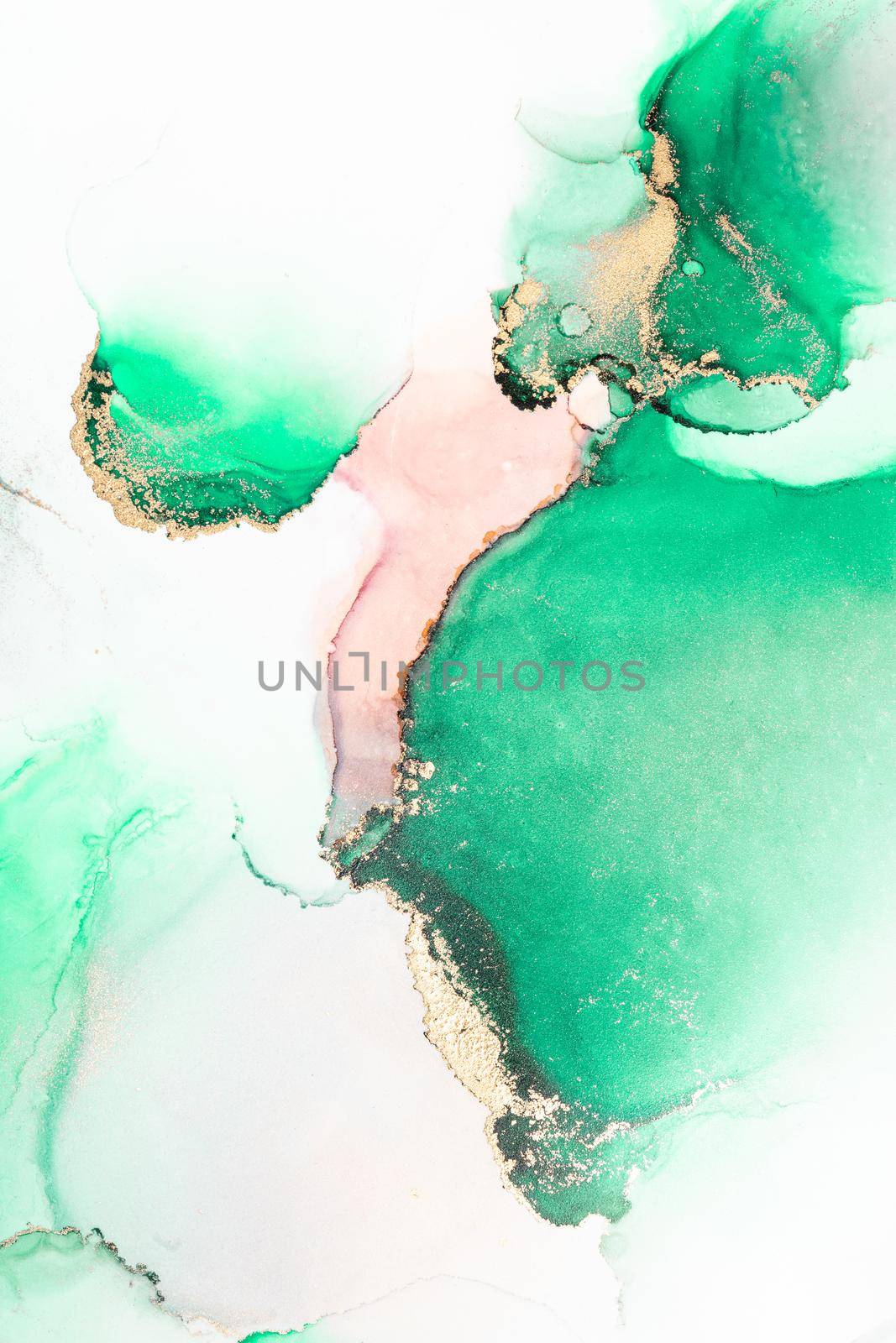 Green gold abstract background of marble liquid ink art painting on paper . by biancoblue