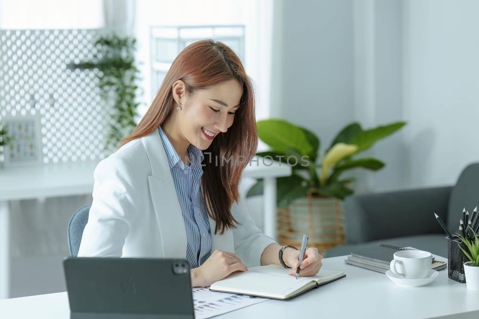 Portrait of a young businesswoman or business owner working with a notebook and tablet computer at office room.