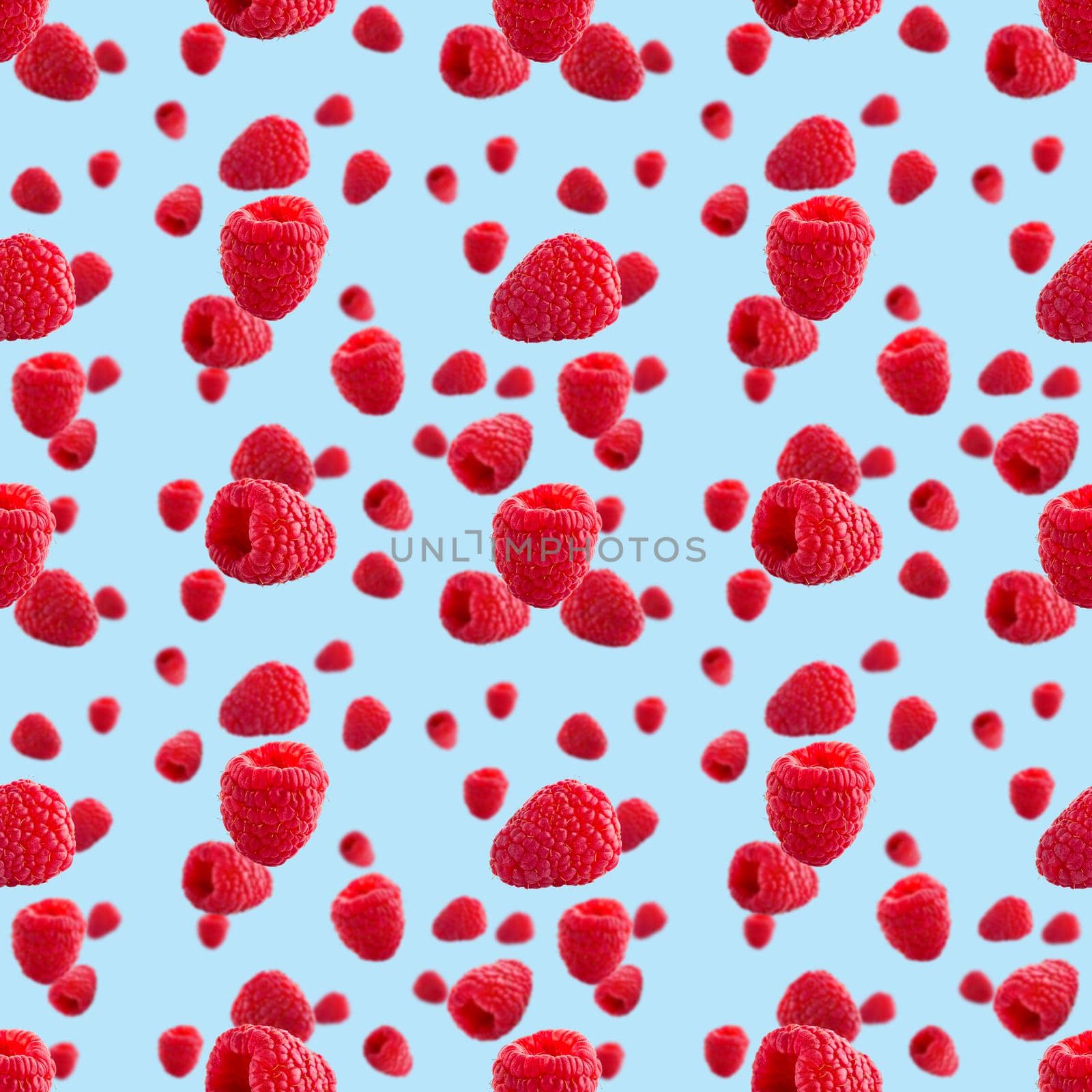 Seamless pattern with ripe raspberry. Berries abstract background. Raspberry pattern for package design with blue background.
