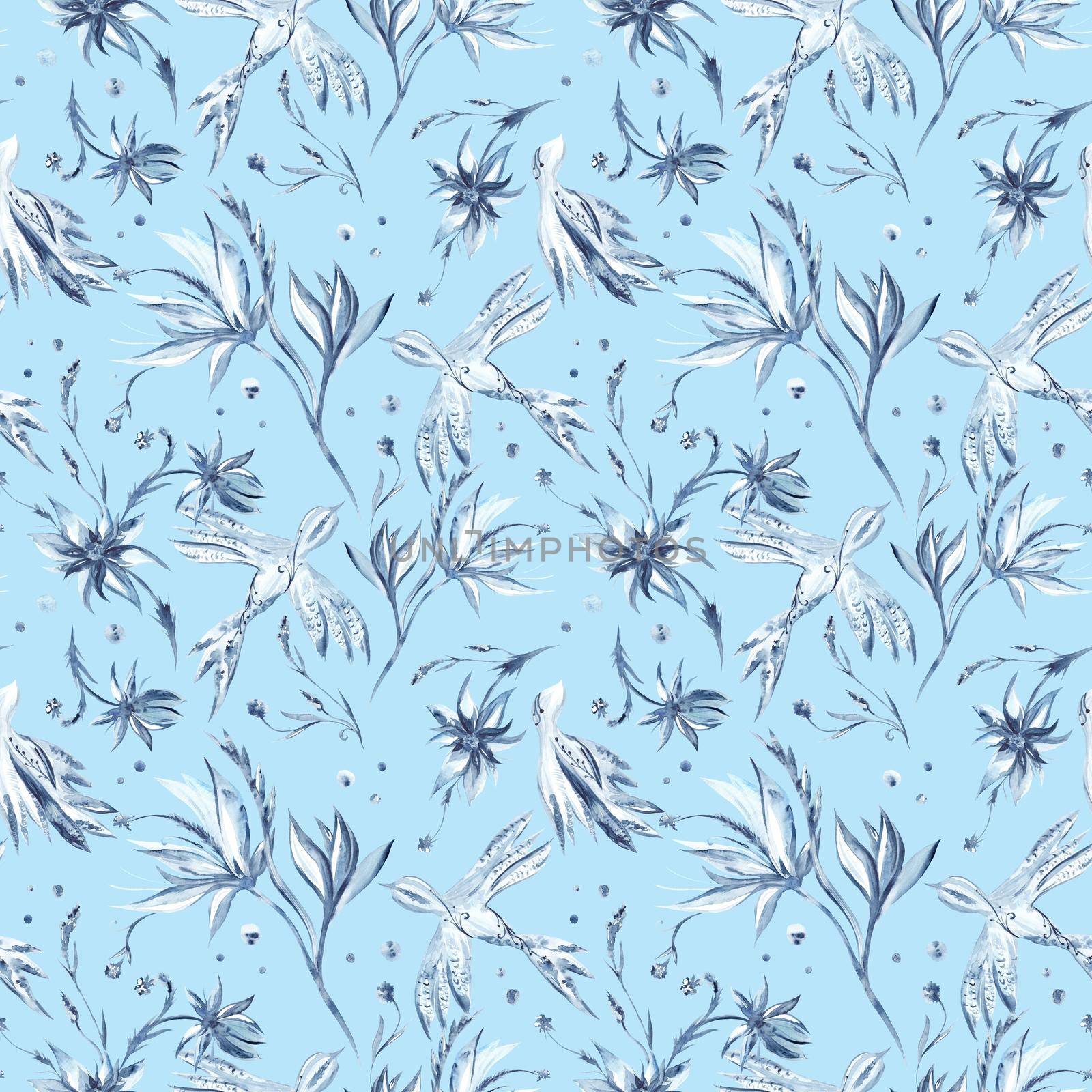 Seamless texture with blue flowers and birds on pink background for textile and wallpaper design