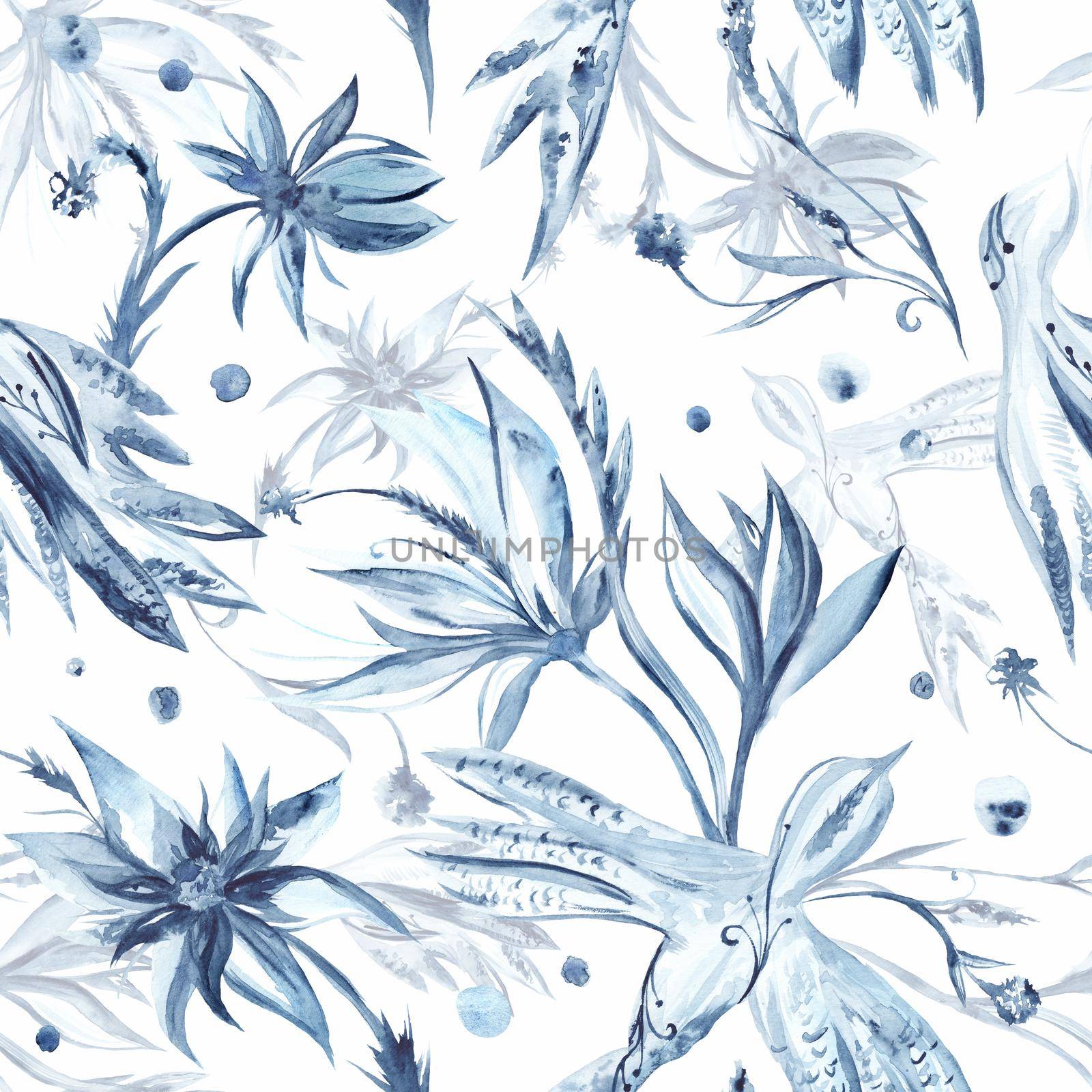 Seamless texture with blue flowers and birds on white background for textile and wallpaper design