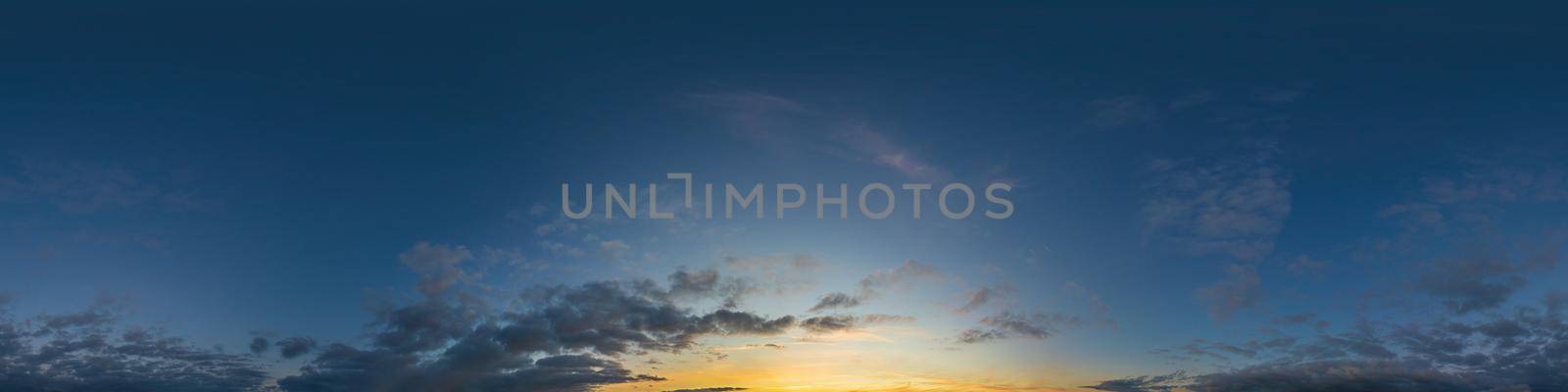 Dark blue twilight sky panorama with Cumulus clouds. Seamless hdr 360 panorama in spherical equiangular format. Full zenith or sky dome for 3D visualization, sky replacement for aerial drone panoramas. by Matiunina