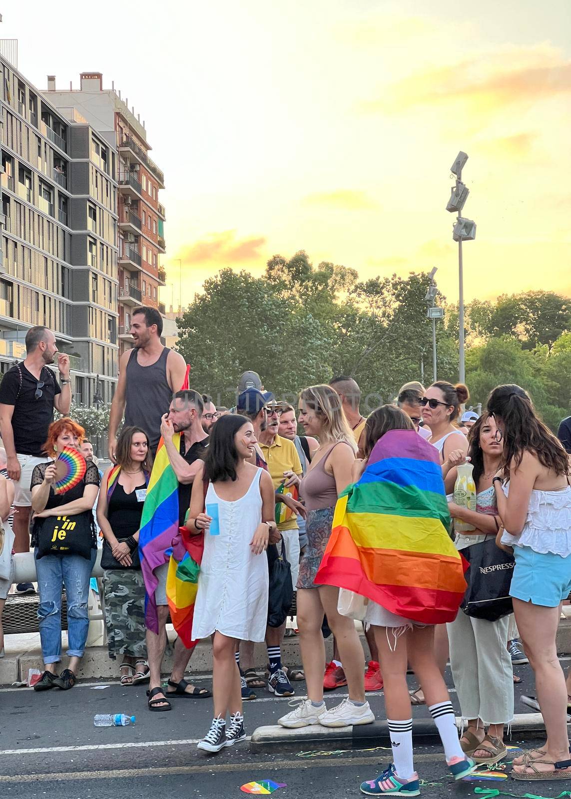 Valencia, Spain 25 June 2022: Manifest of a attractive participants of the World Pride festival in Valencia 2022. Parade of a International People celebrates the LGBT Gay Pride Parade