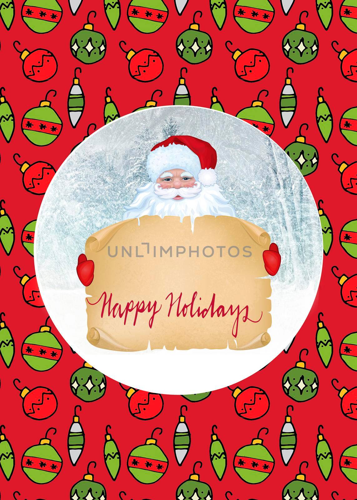 Christmas and new year card with the image of Santa Claus and Christmas decorations on a red background.