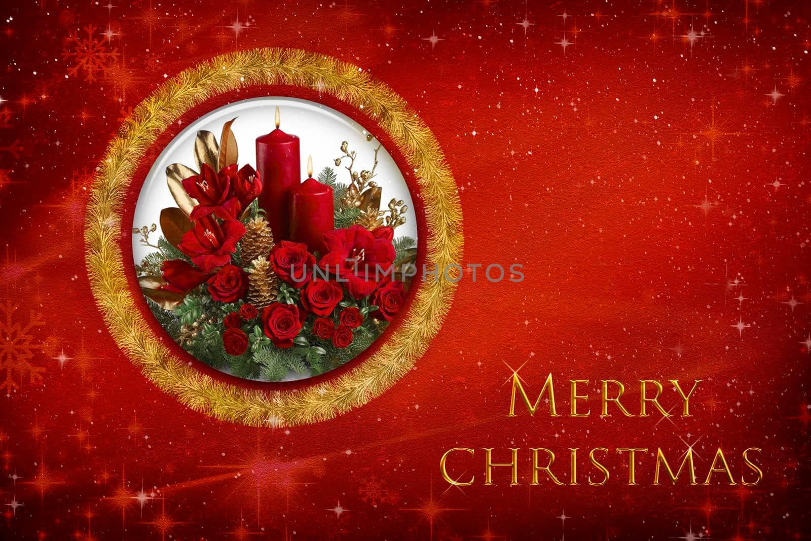 New year and Christmas card with a bouquet of roses and a congratulatory inscription on a red background.
