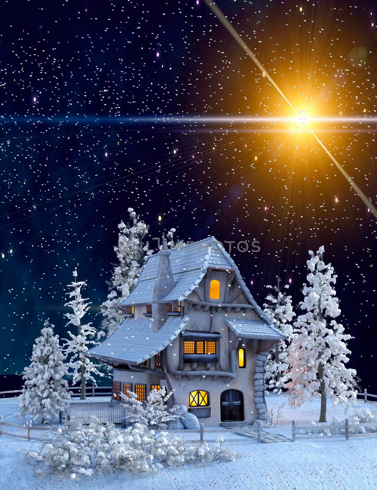 Christmas and new Year greeting card with a picture of a fairy house and a bright Christmas star in the sky.