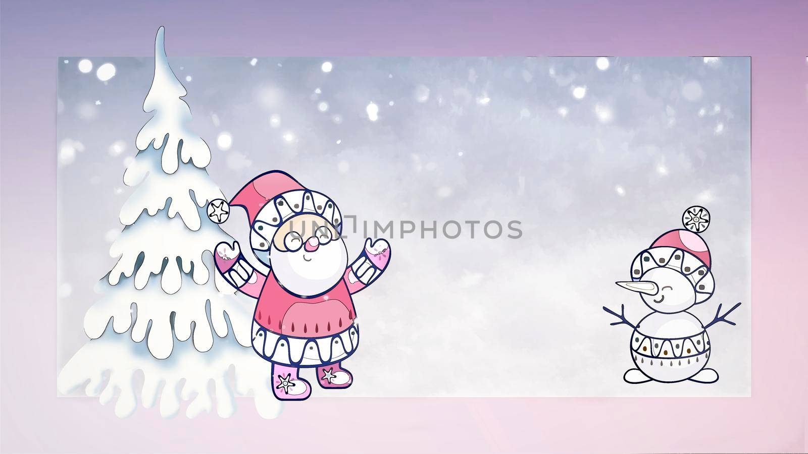 Beautiful Christmas card in vintage style with the image of a snowman and Santa Claus.