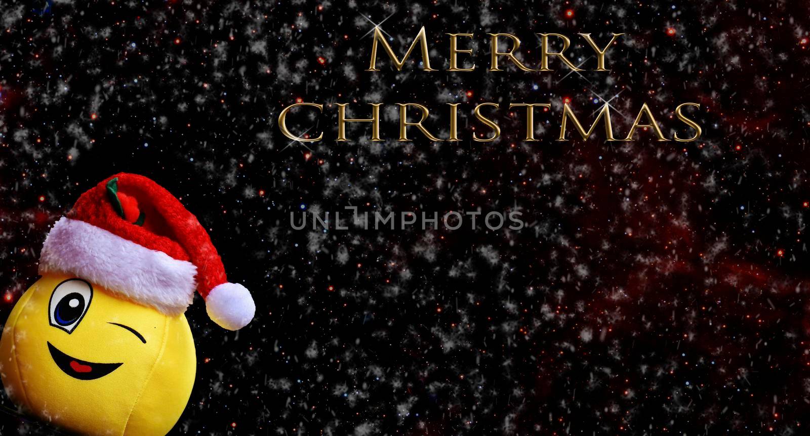 Background with a picture of a cheerful smiley in a red hat to create a holiday card