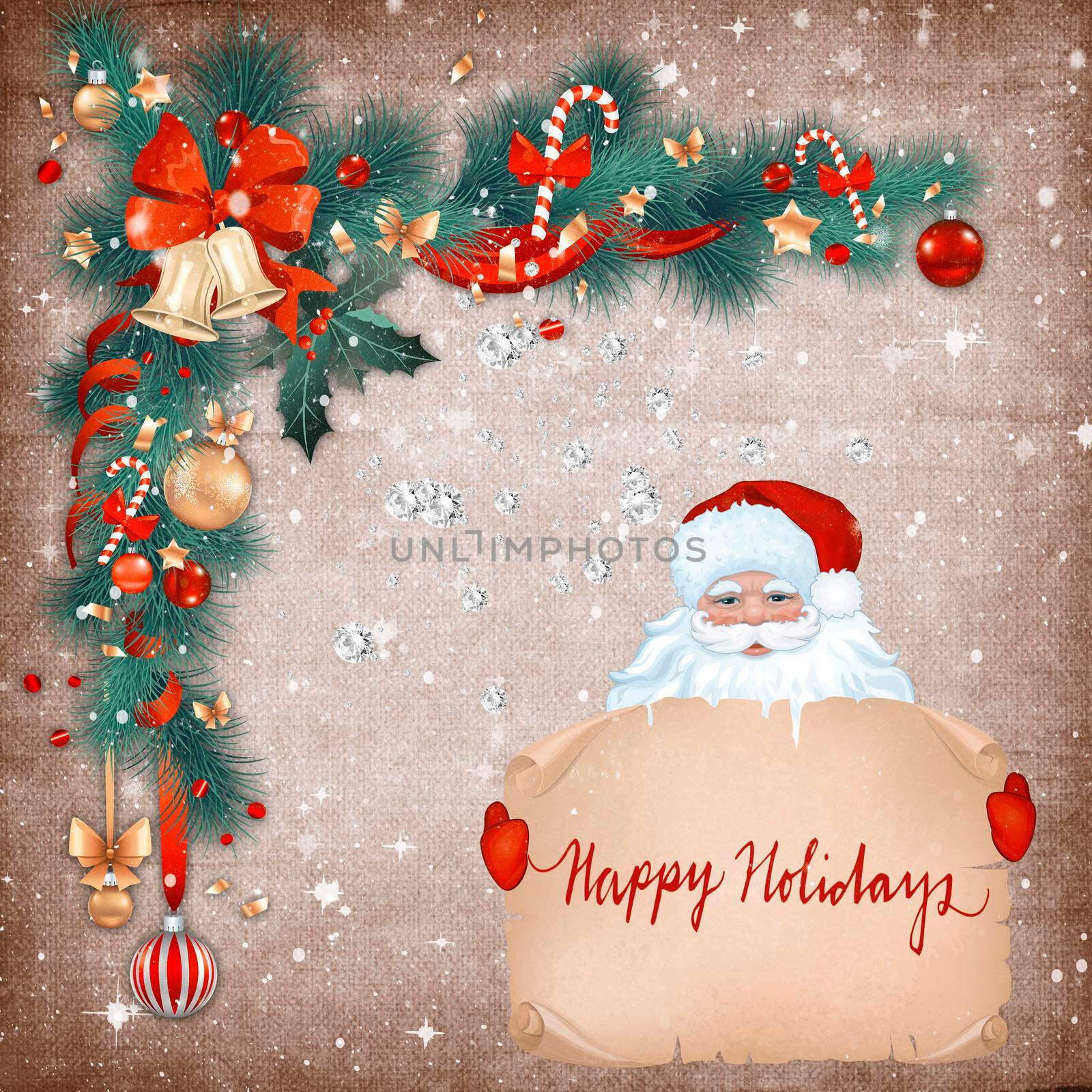 Beautiful Christmas card in vintage style with the image of Santa Claus and congratulations on the holiday.