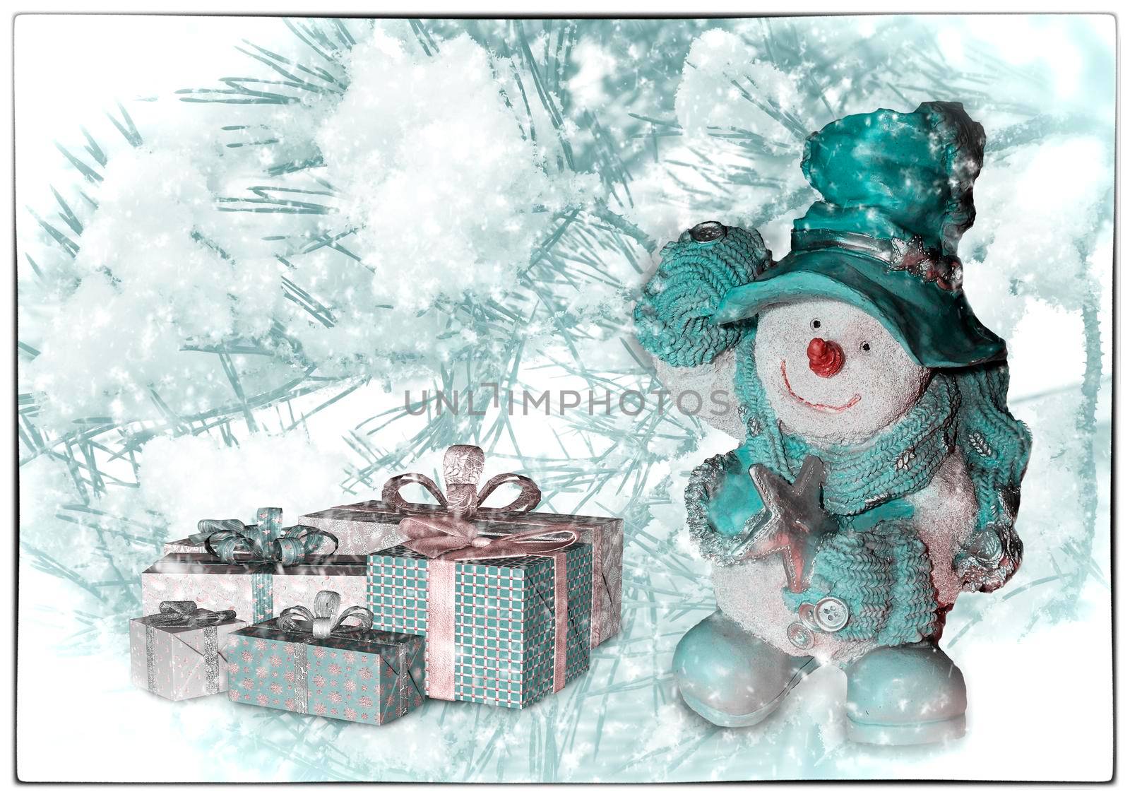 Beautiful Christmas card in vintage style with the image of snowmen.