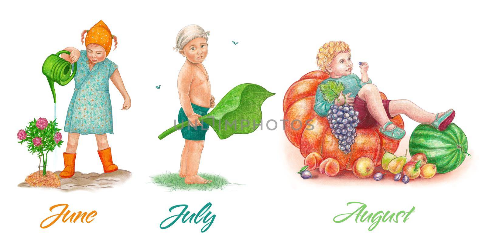 Children. Summer. A girl is watering a flower. A boy in shorts with a large plant leaf. A boy with fruit. A set of watercolor illustrations clip art for postcards. by Manka