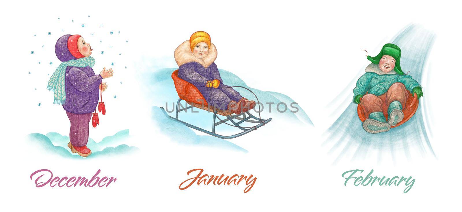 Children. Winter. The child catches snowflakes with his tongue. A girl is sledding. A boy rides on an ice slide from a slide. by Manka