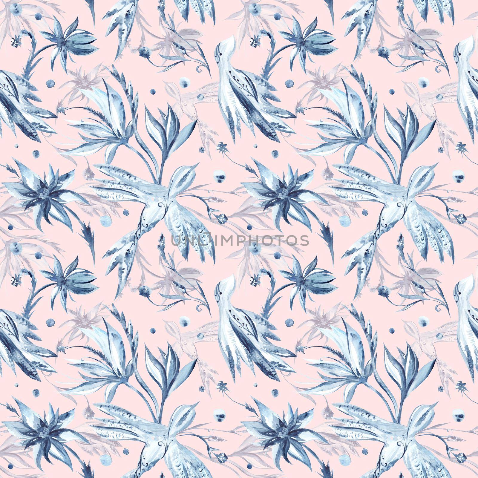 Seamless texture with blue flowers and birds on pink background for textile and wallpaper design